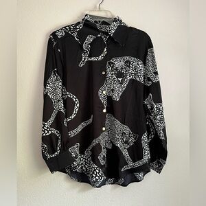 Black and White Leopard Print Blouse and Pants Set